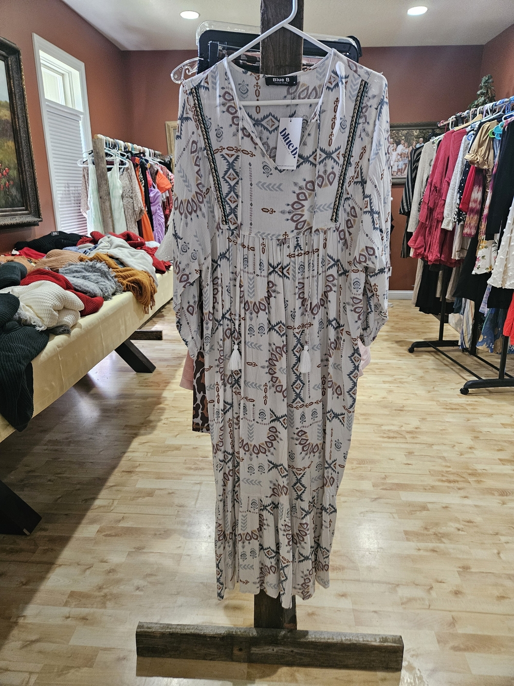 Blue B Printed White Bohemian Maxi Dress